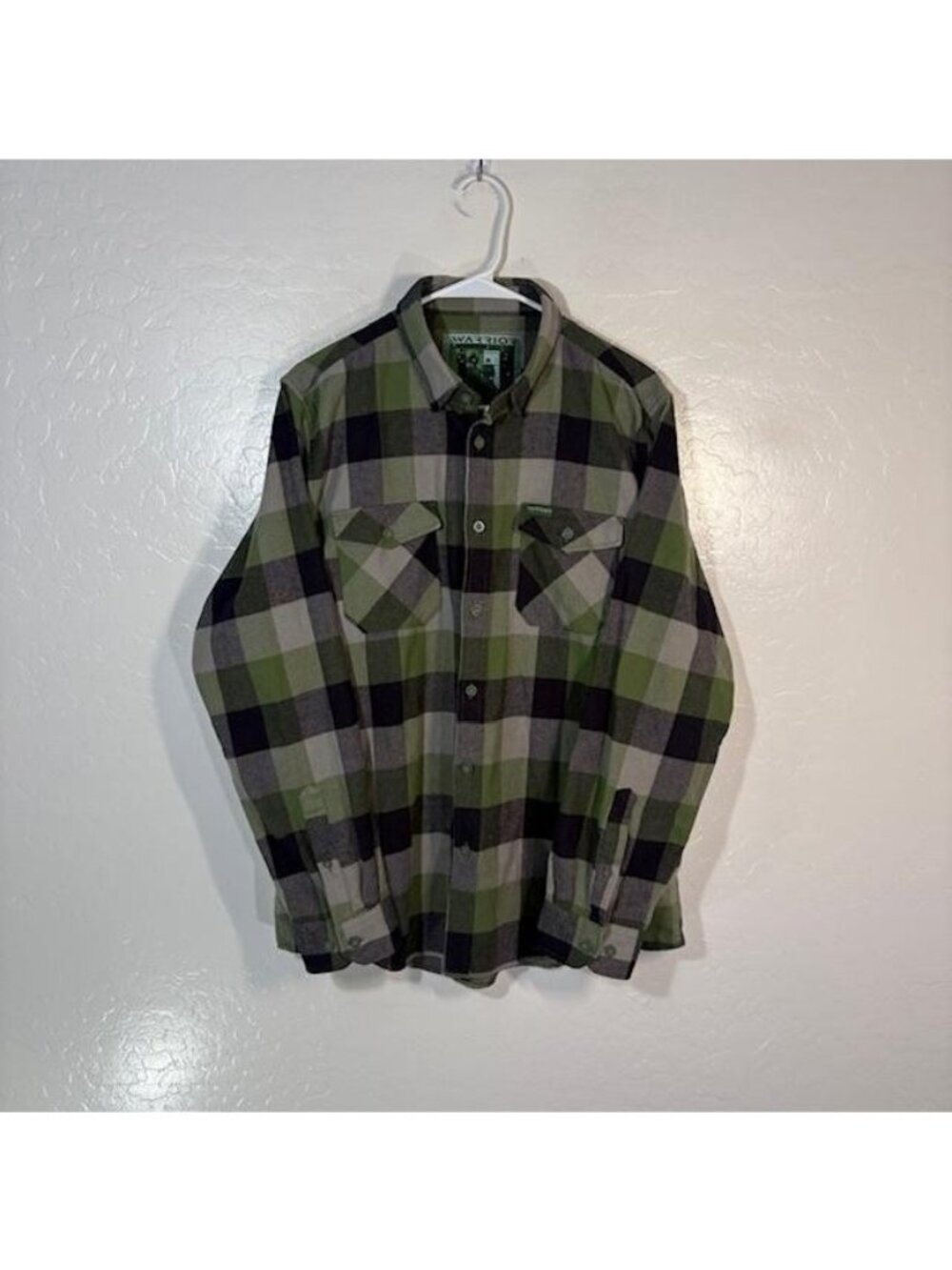 Warrior Shirt Mens Large Green Plaid Long Sleeve Flannel Button Up Stretch
